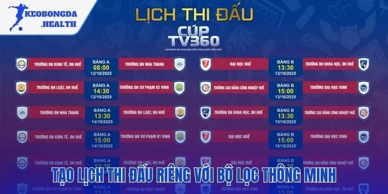 Cá nhân hóa lịch thi đấu với bộ lọc theo đội bóng